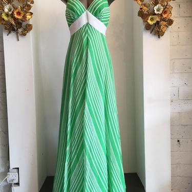 1970s maxi dress, vintage 70s dress, Green striped dress, spaghetti strap dress, empire waist, size small, mod dress 