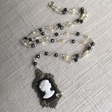 The Silent Siren [assemblage necklace: vintage glass cameo, spinel, freshwater pearl, sterling silver] 