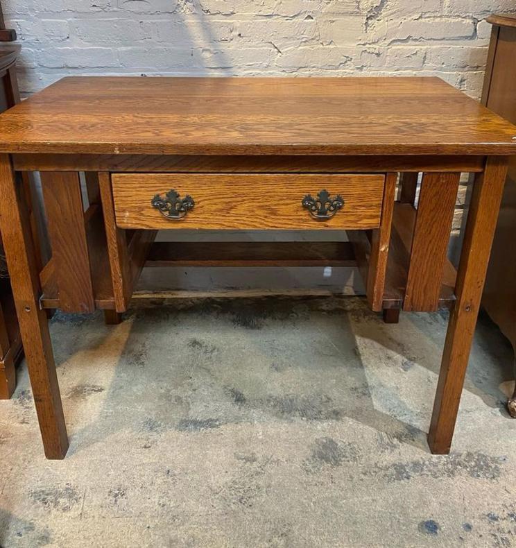 Mission style oak desk with side storage, 40”L x 24”W x 30”T