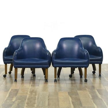 Set Of 4 Navy Vinyl Mid Century Style Barrelback Chairs