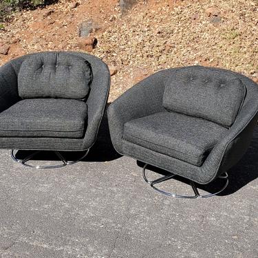Mid Century Modern Charcoal Gray Tweed Selig Chrome Swivel Chairs Pair of Barrel Club Lounge Chairs NEW Upholstery 1963 Low Profile 