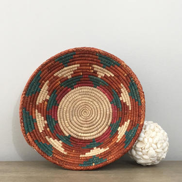 Woven Coil Basket Natural Terra Cotta Teal Seagrass Basket Boho Aztec Southwestern Decor 