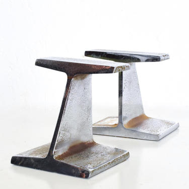 Mid Century Modern Chrome Bookends by Kaiser Steel I Beam Railroad Iron 