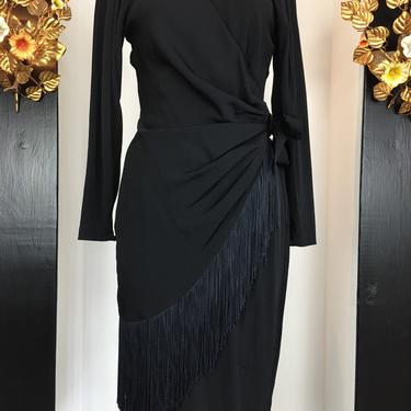 1980s fringe dress, bb collections, vintage 80s dress, black rayon dress, draped wrap dress, size medium, 80s tassel dress, cocktail dress 