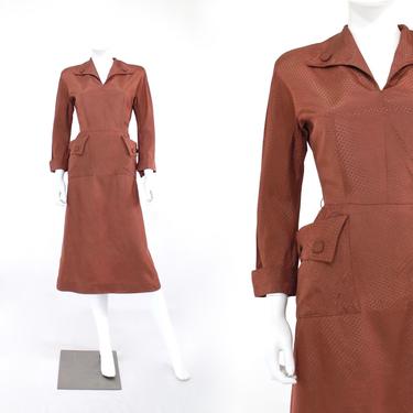 1940s Chestnut Brown Day Dress - 1940s Brown Dress - 1940s Wiggle Dress - 1940s Jacquard Dress - 40s Autumn Dress - 40s Dress | Size Small 