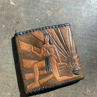 Vintage Mid-Century Egyptian Lady Tooled Leather & Whipstitched Triple Billfold Wallet, Vintage Wallet, Leather Wallet, Vintage 1950's, 