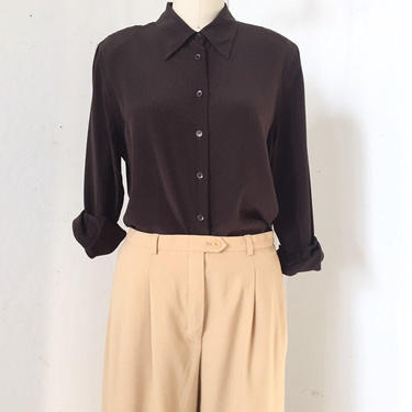 Chocolate silk blouse, 14 P, Minimal Silk shirt, Silk Button up women, Silk Shirt Brown, Dark brown Top, Shirts for work women, Petite Shirt 