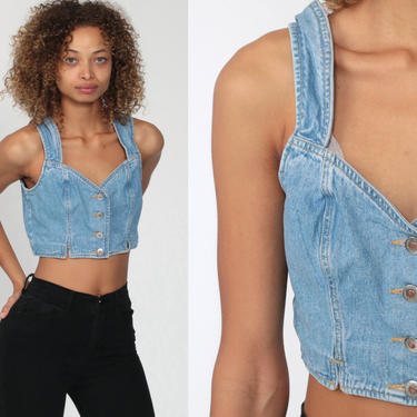 Denim Shirt Crop Top Denim Tank Top Jean Shirt 90s Grunge Cropped Shirt 1990s Vintage Blue Summer Button Up Medium 8 
