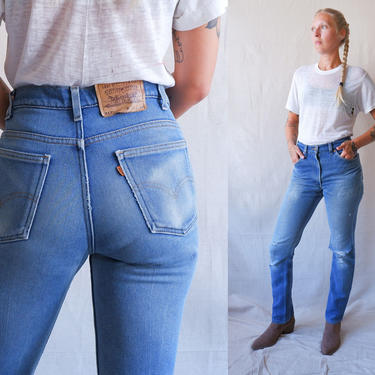 Vintage Levi 517 Tapered Jeans/ 1980s High Waisted Distressed Poly Blend Denim/ Orange Tab Made In USA/ Size 32/30 