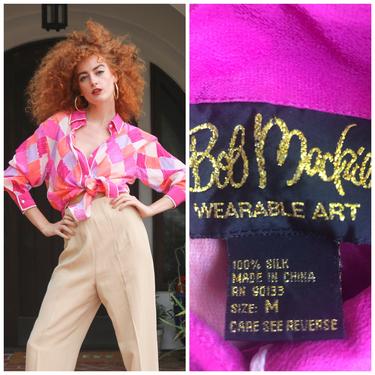 Vintage 80s Bob Mackie all silk blouse top graphic wearable art XS/S/M 