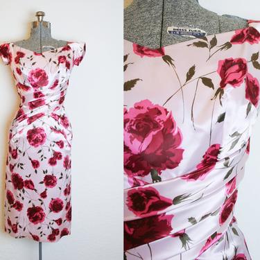 1950's Pink Rose Satin Wiggle Dress / Size Small 