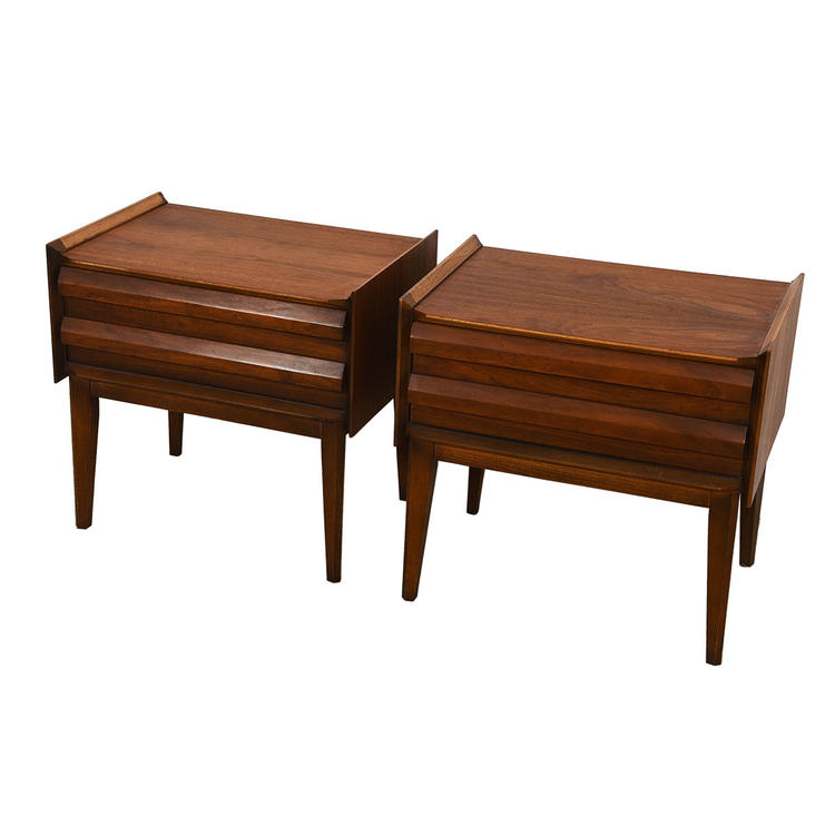Pair of Mid Century Walnut Geometric Pull Nightstands / End Tables