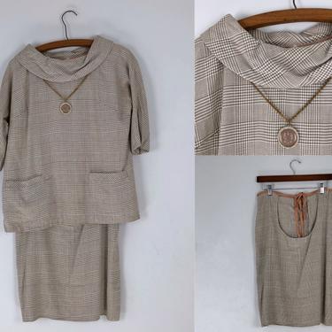 1960s Vintage Maternity Tunic and Skirt Set - Beige and White Plaid - Size S by HighEnergyVintage