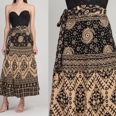 70s Boho Indian Celestial Floral Batik Wrap Skirt - Small to Large | Vintage Black White Hippie Cotton A Line Maxi Skirt 