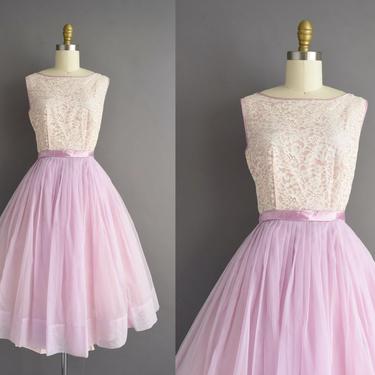 vintage 1950s dress | Lilac Chiffon Full Skirt Cocktail Party Dress | Small | 50s vintage dress 