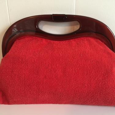 Vintage Plastic Lucite Handle Red Terry Cloth Bag Bakelite Folding Purse 1960s Handbag Purse Brown Made in Hong Kong 