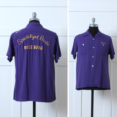 mens vintage 1950s bowling shirt • purple rayon gabardine 'Specialized Parts' roseburg oregon 