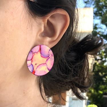 Pink and Purple Painted Disc Studs Handmade Ear Paintings 