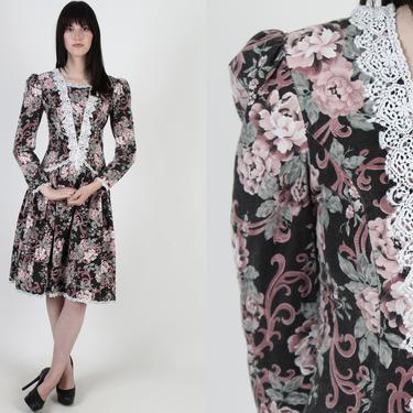 Black Floral Jessica McClintock Dress, Vintage 80s Rose Garden Dress, Lace Romantic Country Style, Womens Drop Waist Full Skirt Mini Dress 