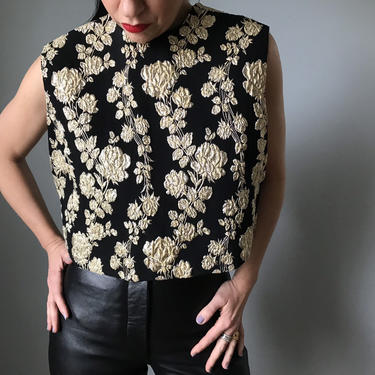 Vintage 60s Button Back Box Cut Shell Top Gold Embroidery 