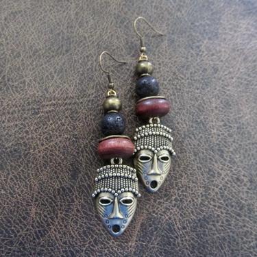 African mask earrings, tribal earrings, wooden earrings, Afrocentric earrings, ethnic earrings, unique primitive earring, tiki bronze 