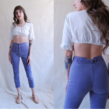 Vintage 70s Purple Cigarette Pants with Back Buckle/ 1970s High Waisted Cotton Pants/ Size XS 24 