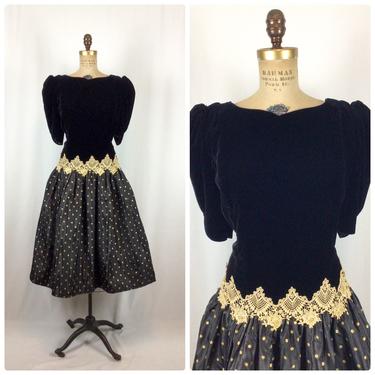 Vintage 80s dress | Vintage black velvet gold polka dot dress | 1980s Scott McClintock party dress 