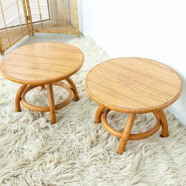 Bamboo and Wood Round Low Midcentury Side Tables (Set of 2) 