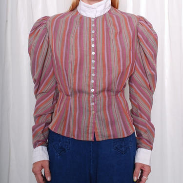 Vintage 1980s Victorian Revival Striped Blouse (Medium) by 40KorLess