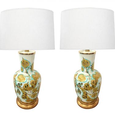 Pair of Italian 1950's Painted Porcelain Lamps Made for Marbro Lamp Co., Los Angeles