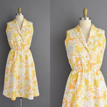 1960s vintage dress | Beautiful Orange &amp; Yellow Floral Print Full Skirt Summer Dress | Small Medium | 60s dress 