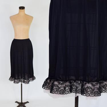 1950s Black Nylon Half Slip | 50s Black Lace Ruffle Hem Half Slip | Vanity Fair | Medium 