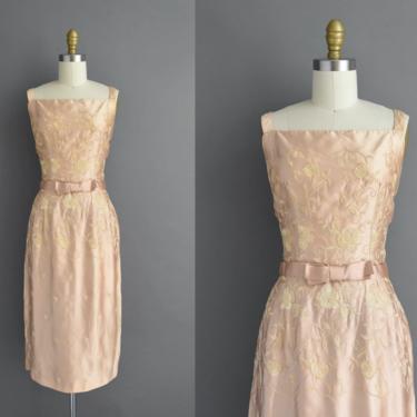 1950s vintage dress | Johnny Herbert Champagne Floral Satin Cocktail Party Wiggle Dress | Small | 50s dress 
