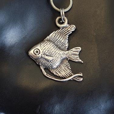 Classic 60's detailed sterling angelfish pendant, whimsical 925 silver fish charm on snake chain necklace 