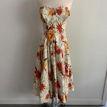 Fabulous 50s strapless cotton sunflower print dress-XS 