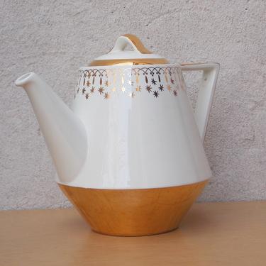 Very Large White Gold Ceramic Tea or Coffee Pot with Atomic Stars, Flare-Ware 