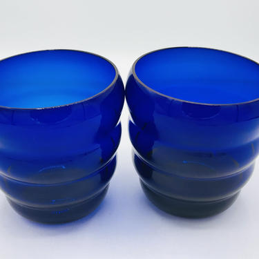 Vintage Pair of (2)  Cobalt Blue Beehive Ring Rocks Vases or  glasses- Chip Free 