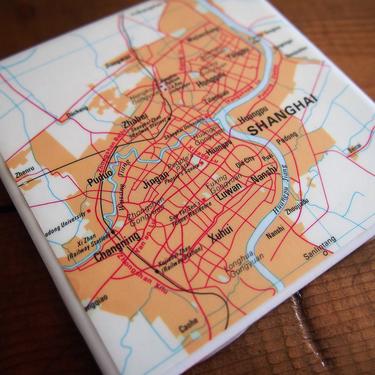 1993  Shanghai China Vintage Map Coaster - Ceramic Tile - Repurposed 1990s Oxford Atlas - Handmade - Asia Travel - City Map 