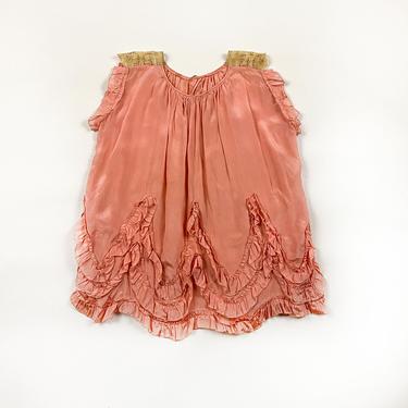 Antique 1920s Peach Rose Silk Ruffle Scalloped Hem Tank Top / Nightie / Hand Made Lace / Crochet / Floral / 20s / Deco / Flapper / 1910s 