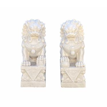 Chinese Pair White Marble Stone Fengshui Foo Dogs Statues cs7020E 