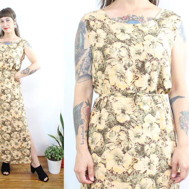 Vintage 90's Yellow Floral Midi Dress with Side Slits / 1990's Rayon Summer Dress / Minimalist / Women's Size Large XL by Ru