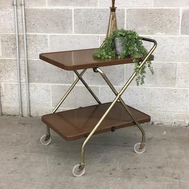 Vintage Rolling Bar Cart Retro 1960s Mid Century Modern + 2 Tier + Gold Metal Frame + Collapsible + Wood Grain + Metal Tray Shelves 