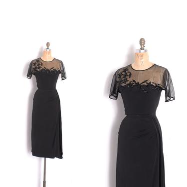 Vintage 1940s Dress / 40s Rayon Cocktail Dress with Sheer Bodice and Sequins / Black ( XS  extra smal.) 