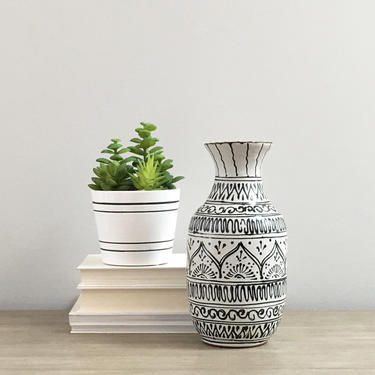 Mexican Black White Pottery Vase Hand Painted Terra Cotta Earthenware Southwestern Boho Decor 