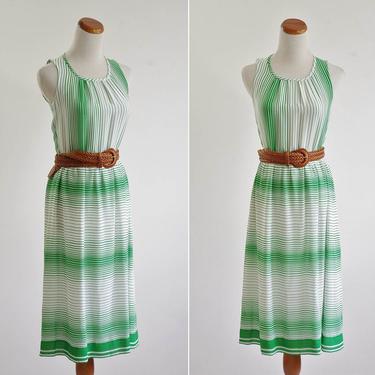 Vintage Striped Summer Dress, Green and White Sleeveless Dress, Spring Garden Party Dress, Chiffon Dress, Small 