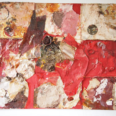 Original Vintage RITA BELER Mixed Media PAINTING 36x48&quot; Large Abstract Expressionist Art, Impasto Red Beige, Mid-Century Modern eames era 