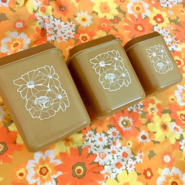 Flower Power Set of Canisters, Vintage 70s Home Organization, Kitchen, Groovy Mid Century 