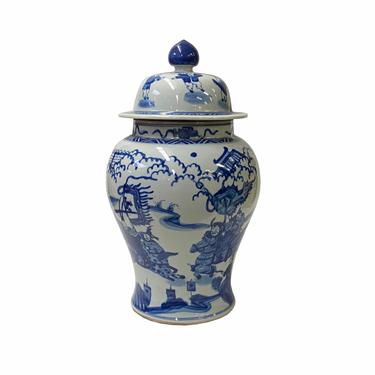 Chinese Blue White Porcelain People Scenery Graphic Temple Jar ws1786E 