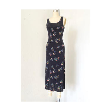 Floral Black Dress, Nylon Knit, Sz M, Vintage Spandex Dress, Slinky dress, Sundress Vintage 