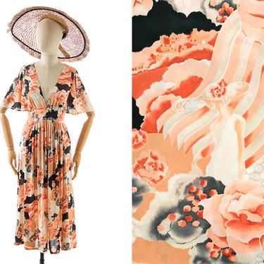 Vintage 1970s Dress | 70s Lady Woman Novelty Print Rose Floral Jersey Flutter Sleeve Tie Waist Fit and Flare Boho Day Dress (small/medium) 